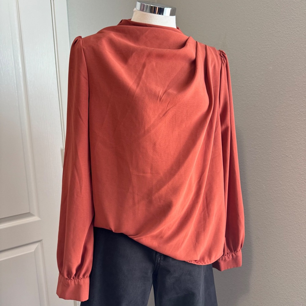 Shein Mock Neck Blouse Elegant Draped Long Sleeve Top Rust‎ Size L